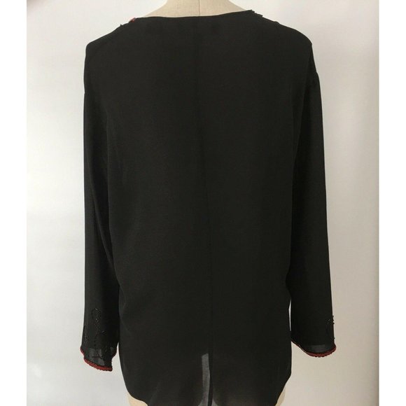 Carole Little Womens Silk Top Black Size 4 Blouse Red Semi Sheer Flower Bead VTG - Picture 5 of 10